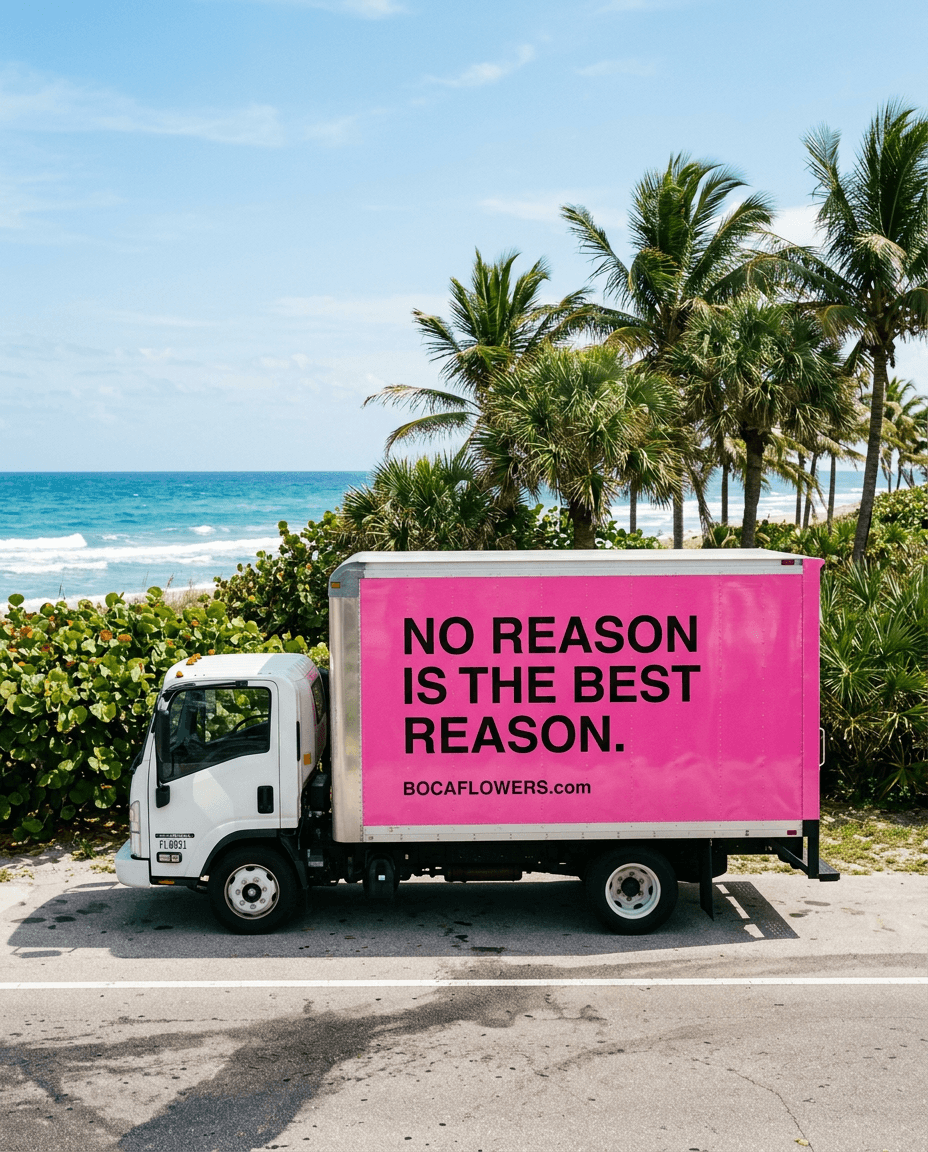 Pink BOCAFLOWERS.com box truck reading 'No reason is the best reason.'