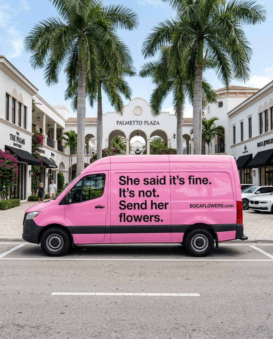 Pink BOCAFLOWERS.com Sprinter van reading 'She said it's fine. It's not. Send her flowers.'