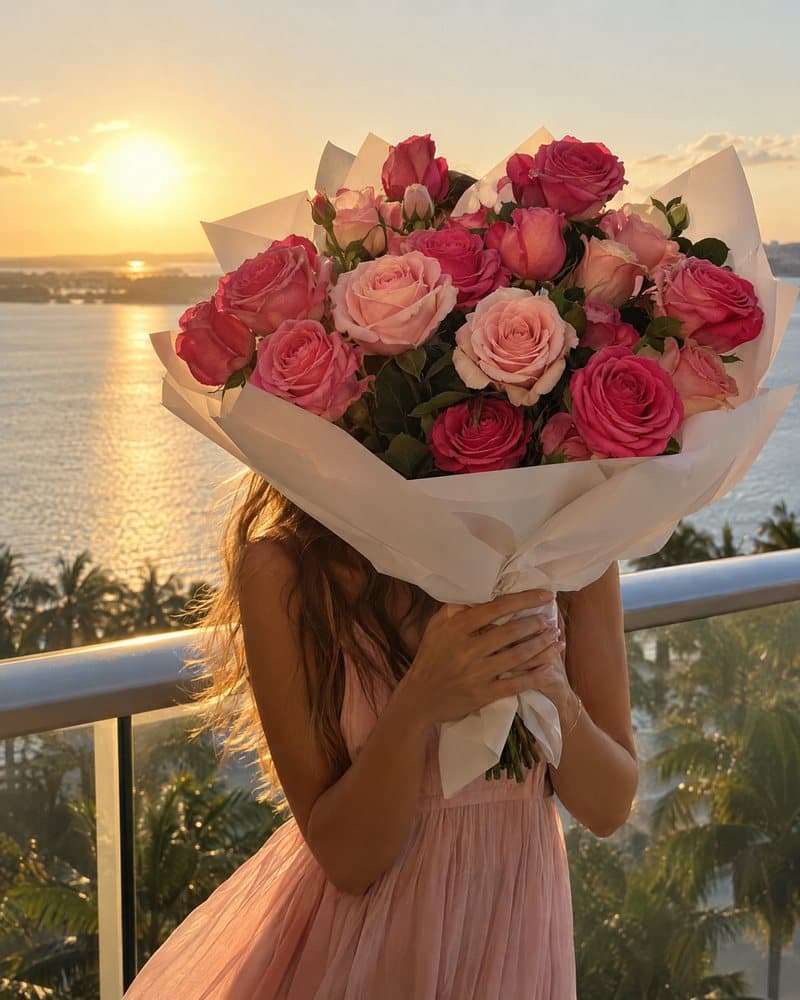 Woman on a Boca balcony at sunset holding pink roses in front of her face