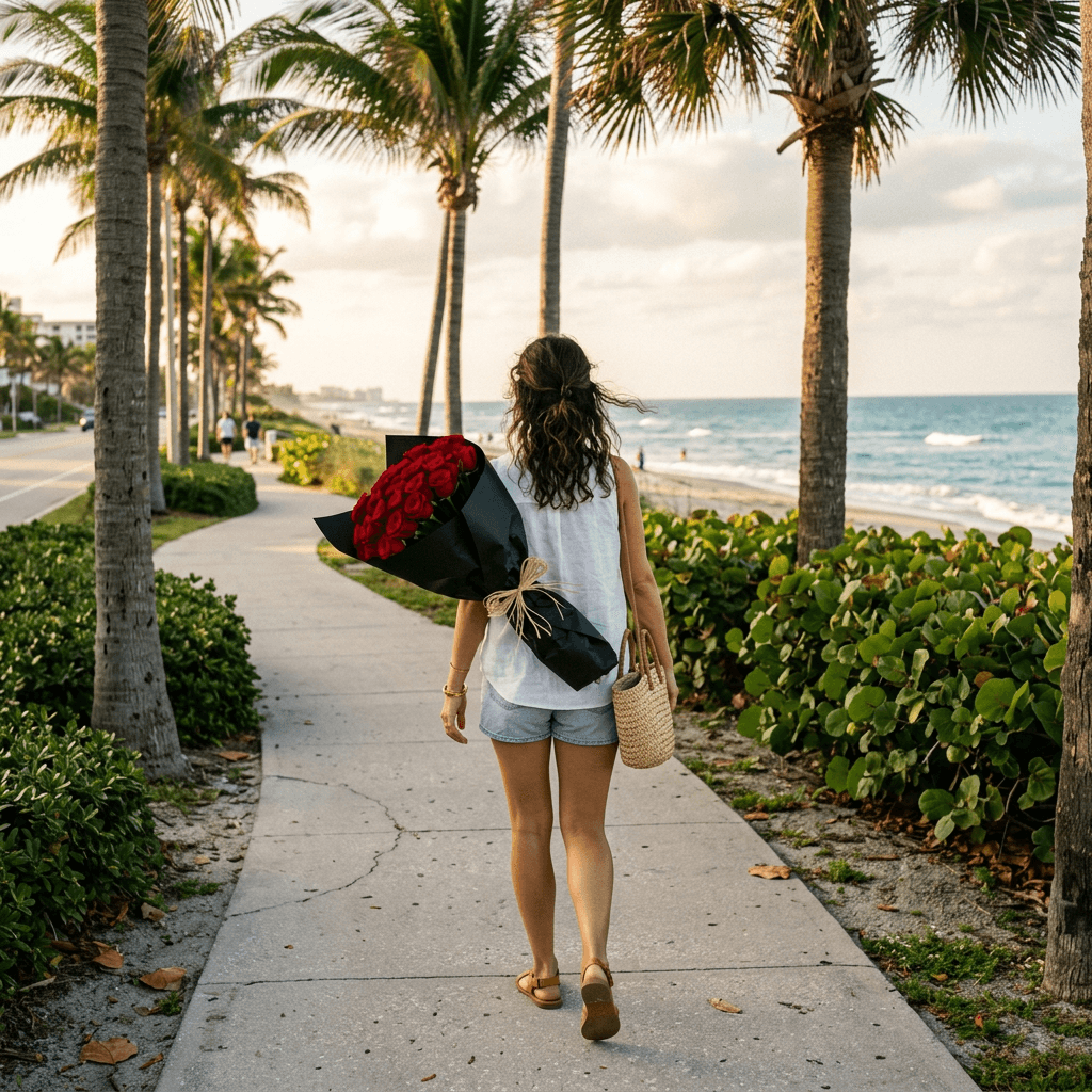 Woman carrying red roses over her shoulder on a beachside sidewalk